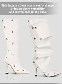 Sexy Design Women Ruched Slouchy Boots Stiletto High Heel Winter Shoes Knee High Mid Calf Luxury Fashion Halloween Detachable Boots For Woman - 白色PU - 查看 3