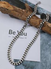 不锈钢夸张简约链条项链，街头风格休闲男士颈链，嘻哈链式项链 - 銀色 - 查看 3