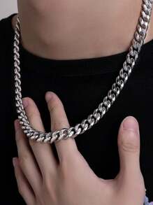 不锈钢夸张简约链条项链，街头风格休闲男士颈链，嘻哈链式项链 - 銀色 - 查看 2