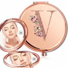 女士金属放大化妆镜折叠双面化妆镜便携式手持镜可放口袋钱包适合户外旅行姓名首字母 26 个字母图案适合情人节母亲节礼物 - 金色 - 查看 13