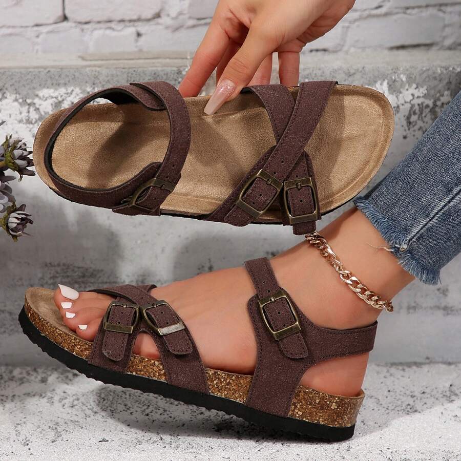 Womens Comfortable Strappy Slip-On Modern Memory Foam Cushion Footbed Outdoor Adjustable Buckle Cork Footbed Slides For Sandals - Màu nâu Mocha - Xem 1