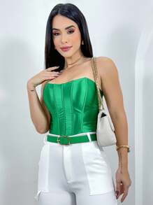 Women's Strapless Cropped Satin Corselet Sexy Top - màu xanh lá - Xem 1