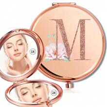 女士金属放大化妆镜折叠双面化妆镜便携式手持镜可放口袋钱包适合户外旅行姓名首字母 26 个字母图案适合情人节母亲节礼物 - 金色 - 查看 11