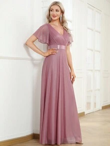 Elegant Party Sequin Dress, Shiny V-Neck Ruffle Sleeve, Light Pink Bridesmaid Gown, Formal Evening/Semi-Formal Cocktail Dress - Dusty Pink - View 5