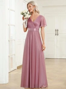 Elegant Party Sequin Dress, Shiny V-Neck Ruffle Sleeve, Light Pink Bridesmaid Gown, Formal Evening/Semi-Formal Cocktail Dress - Dusty Pink - View 3