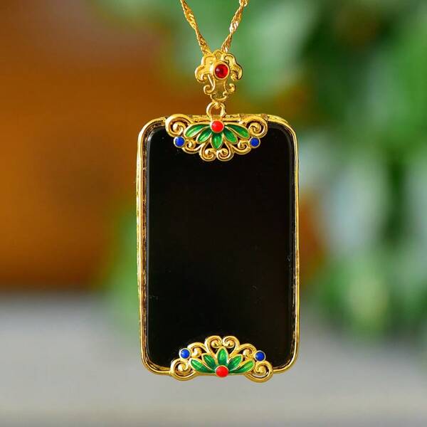 1pc Natural Black Gemstone Peace Necklace Set Pendant, Black Gemstone Gold Plated Inlay, Gold Jade Fashion Jewelry, Fashion Jewelry, Women's Necklace Jewelry, Gem Necklace, Holiday Gifts, Gifts For Her.