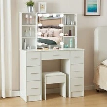 Favourite Gift Dressing Table Vanity Stool Set With  Makeup Mirror Drawers Shelves 10 LED Bulbs - White - View 3