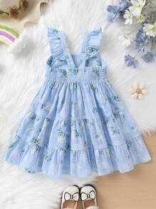 Sweet Young Girls' Summer Elegant Floral Print Ruffle Trimmed Princess Dress With Backless Design, Soft, Comfortable And Breathable - 藍色 - 查看 2