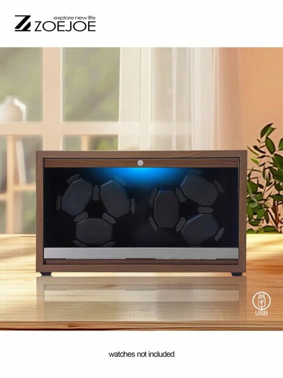 ZOEJOE 1pc 6 Watch Winder Storage Box For Automatic Watches, Watch Winding Case With Flexible Watch Pillow, 4 Mode And LED Light, Gift Choice For Man And Women, USB Cable Power Supply, Black Walnut Pattern