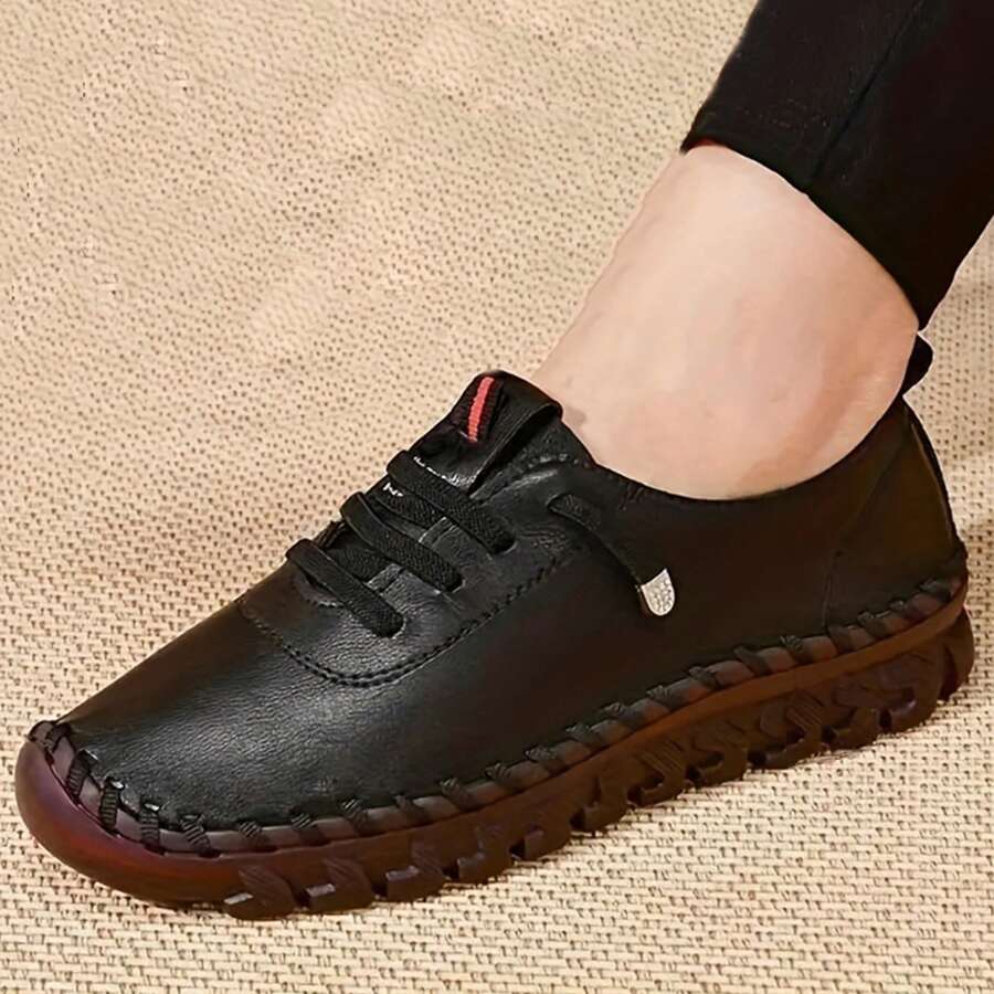 Women's Leather Soft Bottom Flat Shoes Non-Slip Mom Loafers Leisure Set Of Feet Breathable Round Head - 黑色 - 查看 1