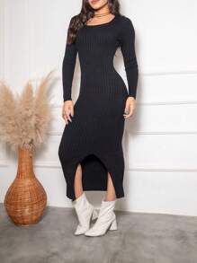 Long Knit Modal Ribbed Winter Sweater Dress - màu đen - Xem 1