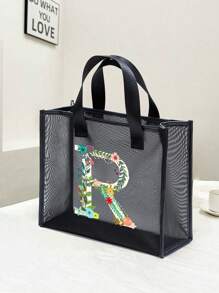 大容量时尚网眼手提包, 刻字装饰网眼包, 沙滩包, 沙滩包, 适合海滩度假收纳购物, 刻字花卉图案自然元素老师答谢礼物, 女士大容量手提包, 暑假包, 旅行必备, 字母印花时尚教师手提包, 学校礼物, 婚礼节日礼品袋, 派对包礼品袋, - 黑色 - 查看 16