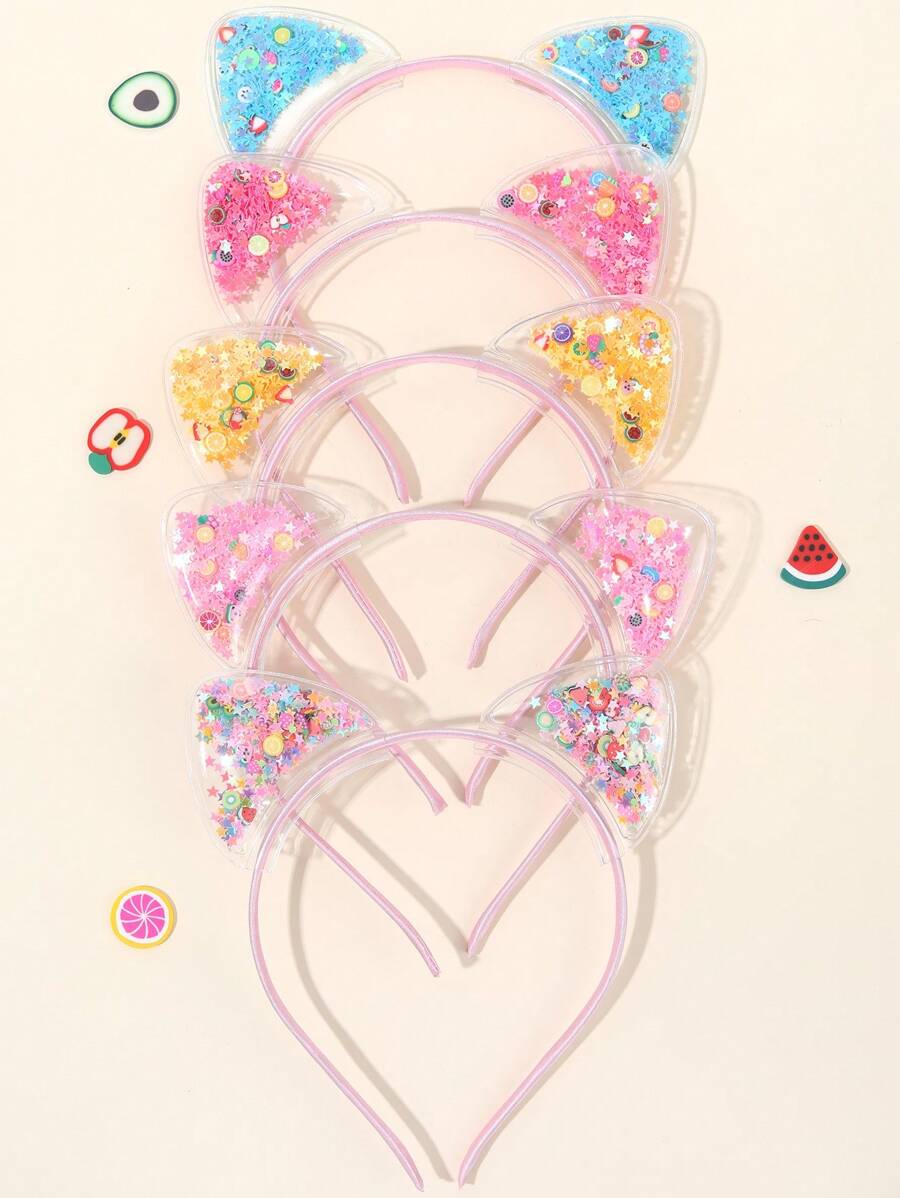 5pcs/Set Cute Cartoon Cat Ear Sequin Headbands For Girls, Multicolor Cat Ear Hair Bands, Adorable Metal Hair Hoops Hair Accessories - Multicolor - View 1