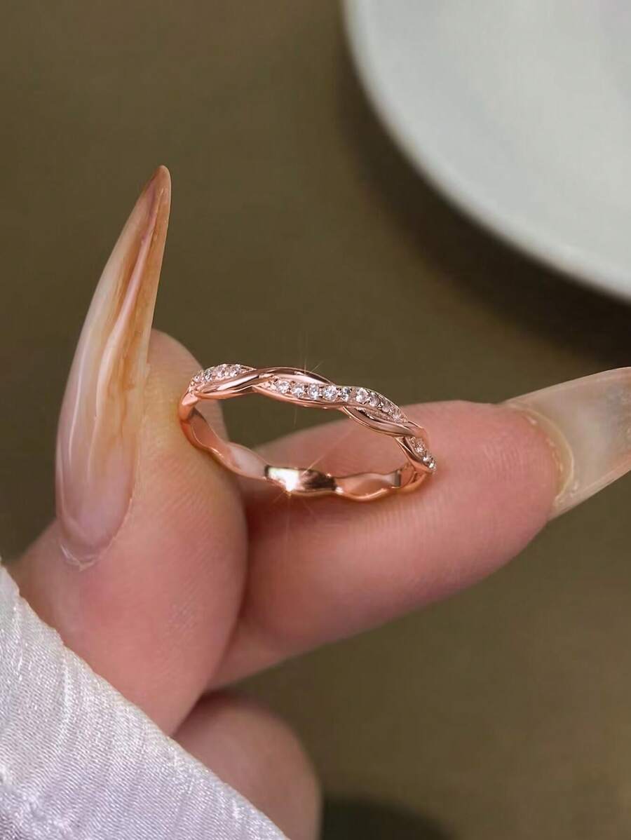 ESBERRY 1入組精美方晶鋯石裝飾扭結設計銀戒指適合女士日常裝飾 - 玫瑰金 - 查看 1