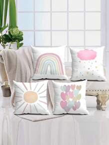 4 Stücke Vintage Regenbogen Sonne Wolke Herzförmige Kissenbezug, minimalistischer quadratischer Illustrations-Kissenbezug für tägliche Hausdekoration, Sofa, Bett Kopf, Lendenwirbelstütze. Kissenkern ausgeschlossen. - Pink - Übersicht 4
