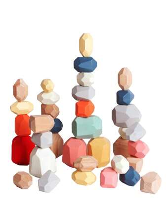 木制堆叠石平衡石，天然木质积木蒙特梭利学龄前学习玩具幼儿拼图分类玩具，儿童生日圣诞袜填充物