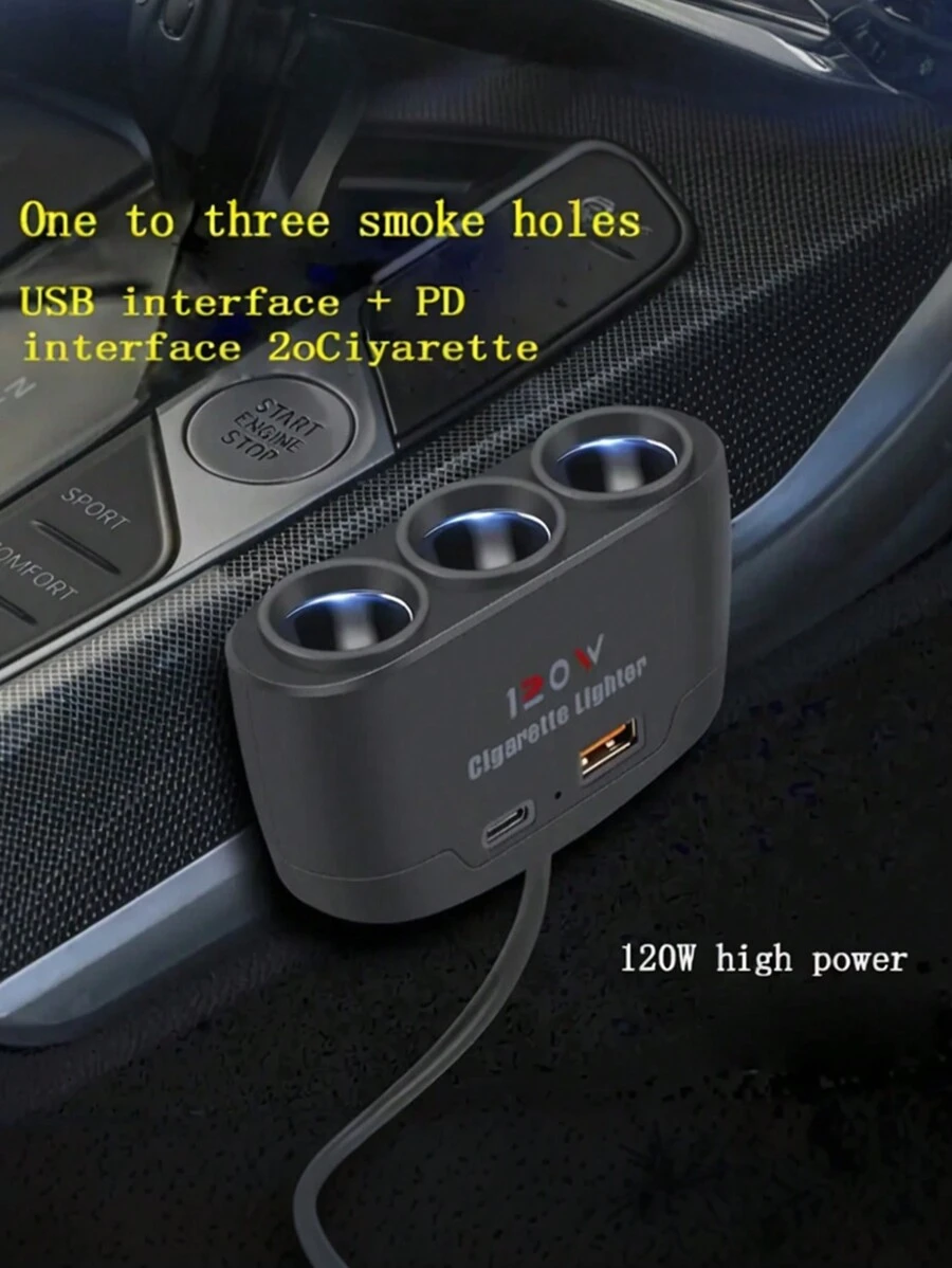 三合一车载充电器，带 USB、PD 接口和三重点烟器插座 - 高功率 120W 多功能旅行适配器，适用于智能设备、导航仪和车载吸尘器 - 公对公连接器 - 车载插头电源模式 - 工作电压高达 36V 汽车配件