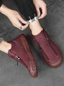 Men's Casual Sports Shoes, Outdoor Leather Shoes, Fashionable Zipper Low-Top Ankle Boots, Waterproof Leather Boots, Casual Loafers, Waterproof Non-Slip Sneakers, Fashion Thick-Soled Elevator Shoes, Retro Distressed Color Zipper Personalized Casual Leather Shoes - Burgundy - View 5