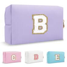 Personalized Initial Letter Patch Makeup Bag, Preppy Small Chenille Letter Cosmetic Bag With Zipper, PU Leather Waterproof Travel Toiletry Bag Monogram Make Up Pouch For Women Girls Makeup Bags Makeup Organizer Make Up Organizer Makeup Storage