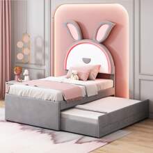 okwish Lit enfant 90 x 200 cm, canapé-lit simple rembourré multifonctionnel en tissu velours avec lit gigogne, tiroirs de rangement et lumière LED à couleur changeante