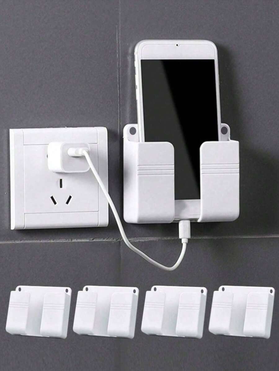 4pcs White Wall Mounted Phone Holder, Remote Control Holder With Charging Port, Wall Storage Box, Wall Shelf