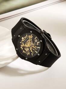 1pc Automatic Mechanical Business Casual Watch With Hollow Dial, AP Style, Comes With Exquisite Leather Box, Father's Day Gift - Gold - View 15