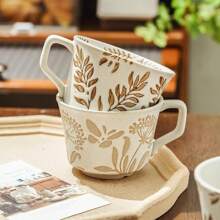 Taza de cerámica floral creativa de 330 ml / 11 oz, de lujo ligero y estilo retro para desayuno, leche y café. Taza de cerámica retro pintada a mano, de vuelta al colegio.