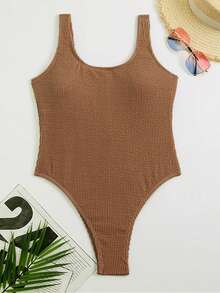 Solid Textured Sexy Backless Athletic One-Piece Swimsuit Summer - Coffee Brown - View 3