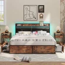 Queen Bed Frame With LED Lights, Storage Drawers And Charging Headboard - Brown and Black - View 1