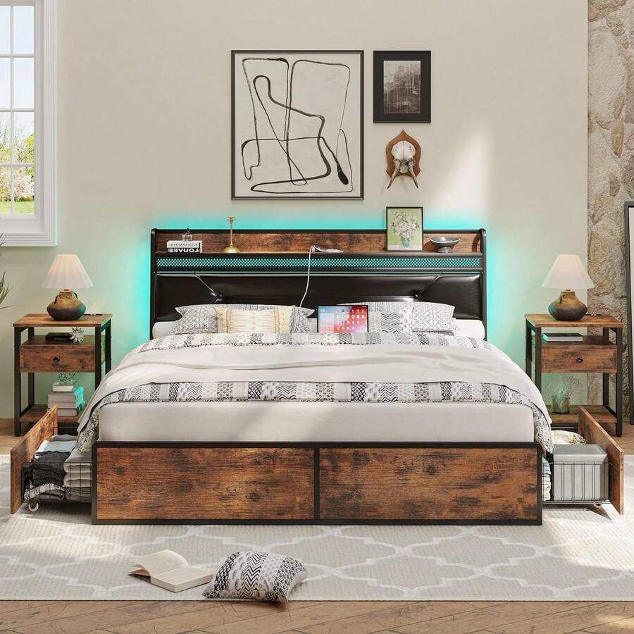 Queen Bed Frame With LED Lights, Storage Drawers And Charging Headboard - Brown and Black - View 1