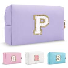 Personalized Initial Letter Patch Makeup Bag, Preppy Small Chenille Letter Cosmetic Bag With Zipper, PU Leather Waterproof Travel Toiletry Bag Monogram Make Up Pouch For Women Girls Makeup Bags Makeup Organizer Make Up Organizer Makeup Storage