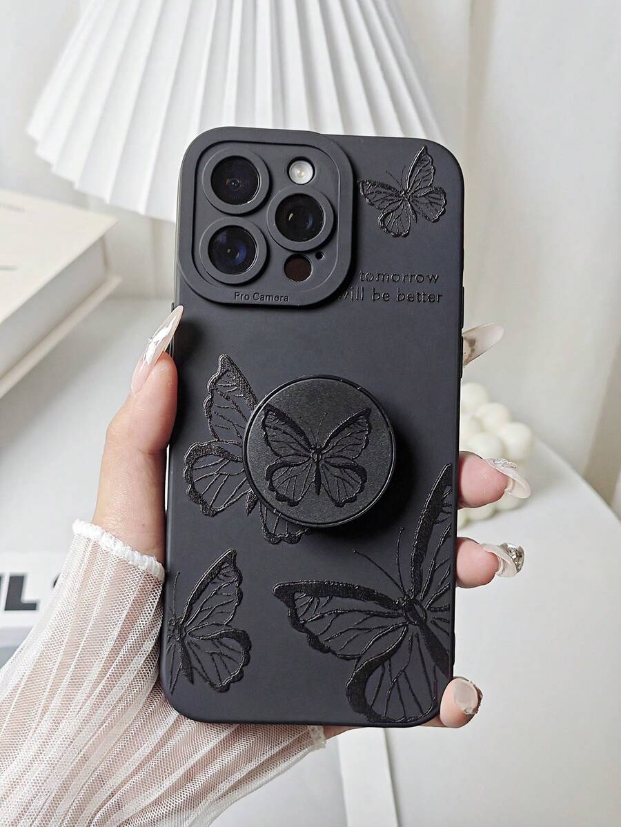 1 pieza Carcasa de teléfono impresa con patrón de mariposa negra de TPU suave de silicona compatible con Apple iPhone 7/8/7P/8P/X/XS/XR/XSMAX/11/12/13/14/15 Series, Samsung S22 Ultra/S23 Ultra/S24 Ultra/S Series/A Series, teléfonos Redmi. Diseño de orificio de cámara aleatorio. - Negro - Ver 1