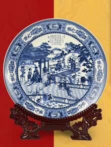 1 pieza Plato de cerámica de estilo chino con patrón de porcelana azul y blanca, plato decorativo con soporte para el hogar - Multicolor - Ver 14