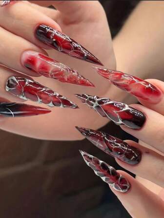 Y2K 24pcs Long Long Pointed Press On Nails Halloween Red And Black Color Senior Personality Party Banquet Necessary Nails With Jelly Glue 1 Piece And File Strip 1 Piece