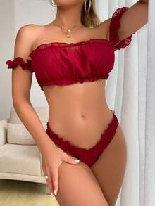 1set Women Chiffon Bra And Shorts Lingerie Set - Red - View 3