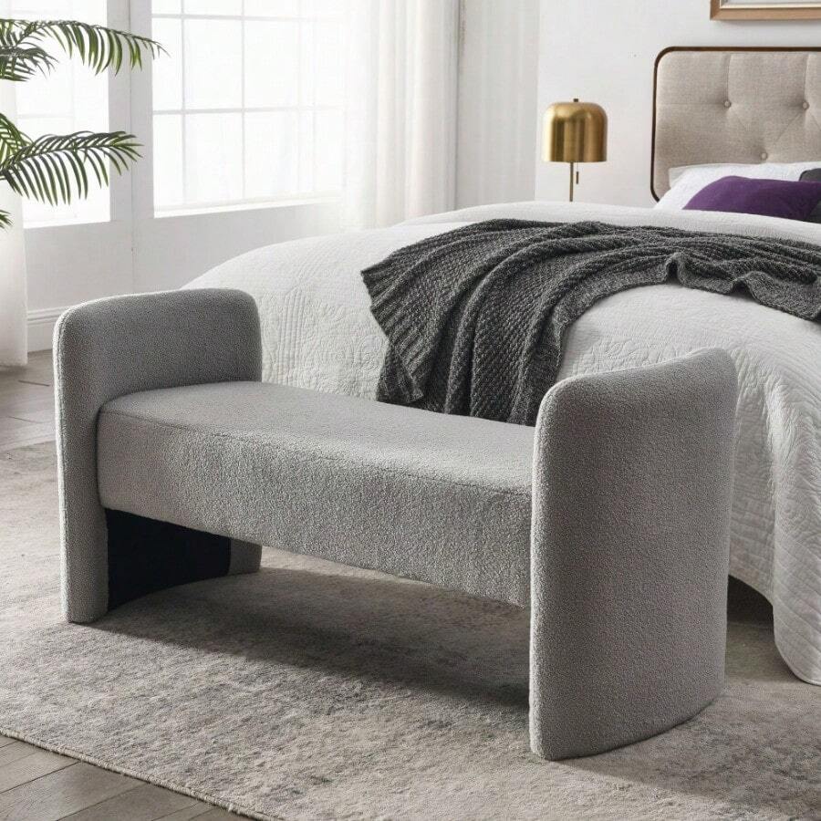 Welike 52" Bench For Bedroom End Of Bed Modern Contemporary Design Ottoman Couch Long Bench Window Sitting Fireplace Bench, Teddy - 泡棉+灰色泰迪+聚酯纖維 - 查看 1