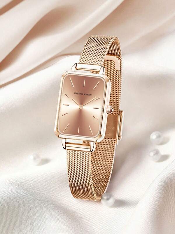 HANNAH MARTIN 1 PIEZA Reloj Cuadrado de 34mm en Oro Rosa, Plata, Oro y Negro - Estilo Minimalista con Movimiento Original Japonés Importado, Correa de Malla de Acero Inoxidable, Reloj de Muñeca Casual