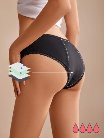 1pc Women Absorbent Black Leak-Proof Menstrual Underwear, Low Rise Comfortable Elastic Intimate Panties For Periods