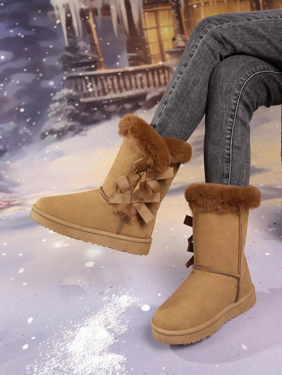 Stivali da neve alla caviglia casual da donna; stivali termici foderati per l'inverno, con design con risvolto in pelliccia e decorazione con fiocco e lacci, versatili e alla moda, comodi e caldi, adatti per attività all'aperto e pendolarismo in autunno/inverno - Castano - Visualizzare 1