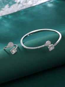 Set de pulsera y anillo de plata con incrustación de diamantes, diseño asimétrico, Set de pulsera y anillo personalizado, regalo para mujer - Plateado - Ver 2