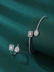 Set de pulsera y anillo de plata con incrustación de diamantes, diseño asimétrico, Set de pulsera y anillo personalizado, regalo para mujer - Plateado - Ver 1