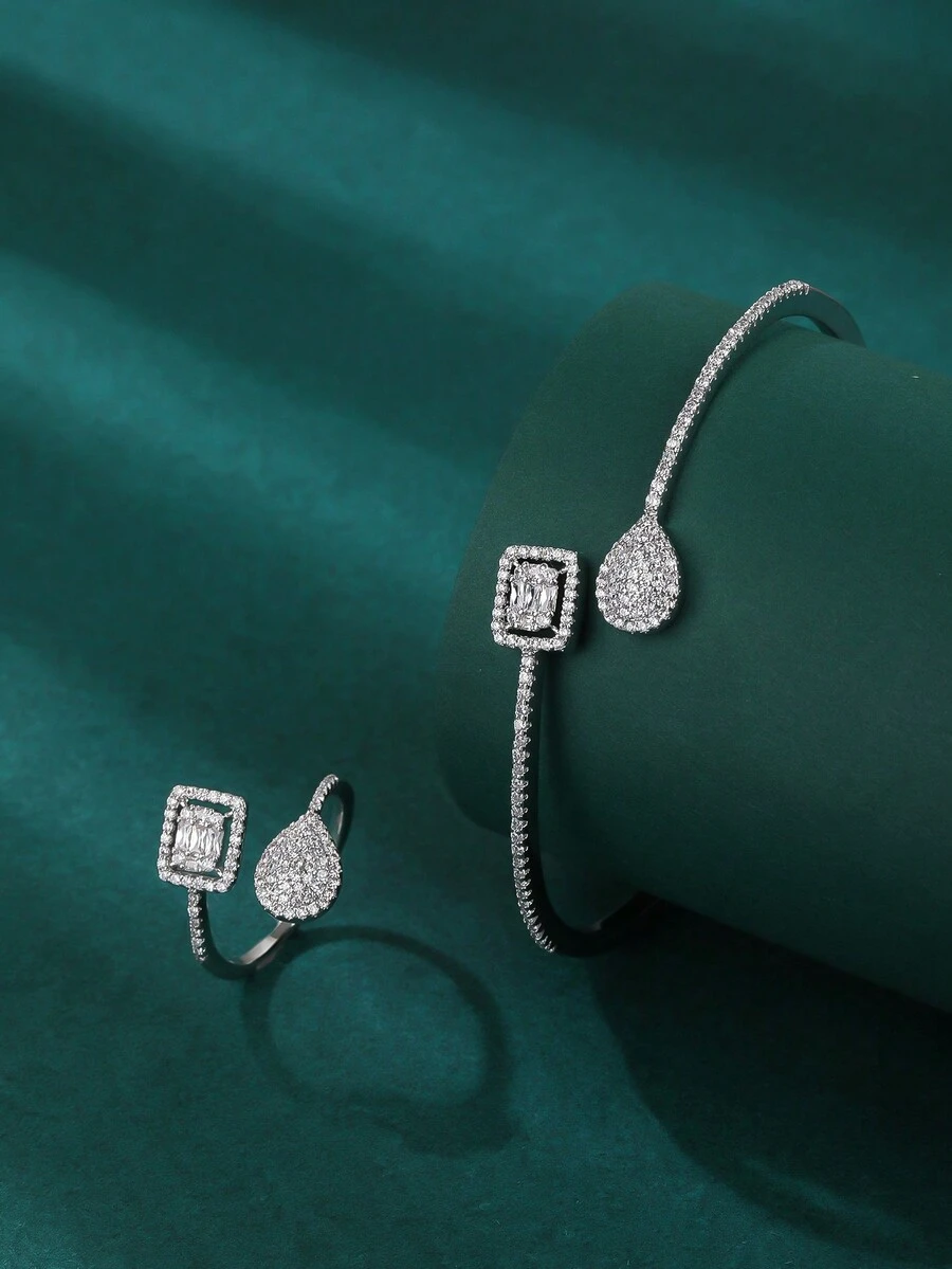 Set de pulsera y anillo de plata con incrustación de diamantes, diseño asimétrico, Set de pulsera y anillo personalizado, regalo para mujer - Plateado - Ver 1