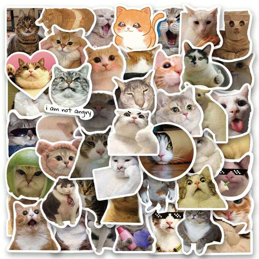 50PCS Funny Cat Stickers Vinyl Aesthetics Stickers For Scrapbooking, Diary, Laptop, Bumper, Skateboard, Water Bottle, Computer, Phone, Cartoon, Hard Hat, Car Stickers And Decals - Multicolor - View 1