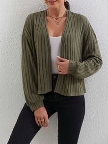 Women's Solid Color Simple Daily Vertical Stripe Long Sleeve Cardigan - Army Green - View 1
