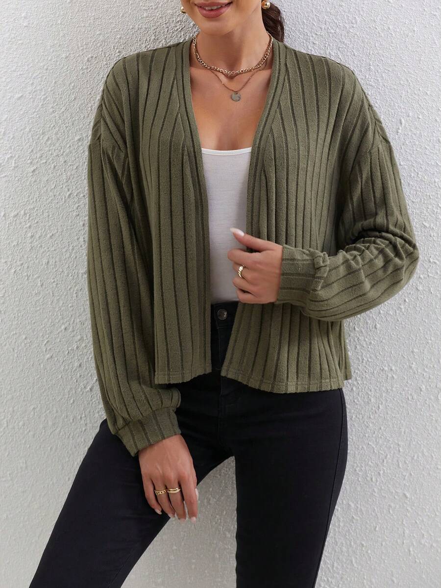 Women's Solid Color Simple Daily Vertical Stripe Long Sleeve Cardigan - Army Green - View 1