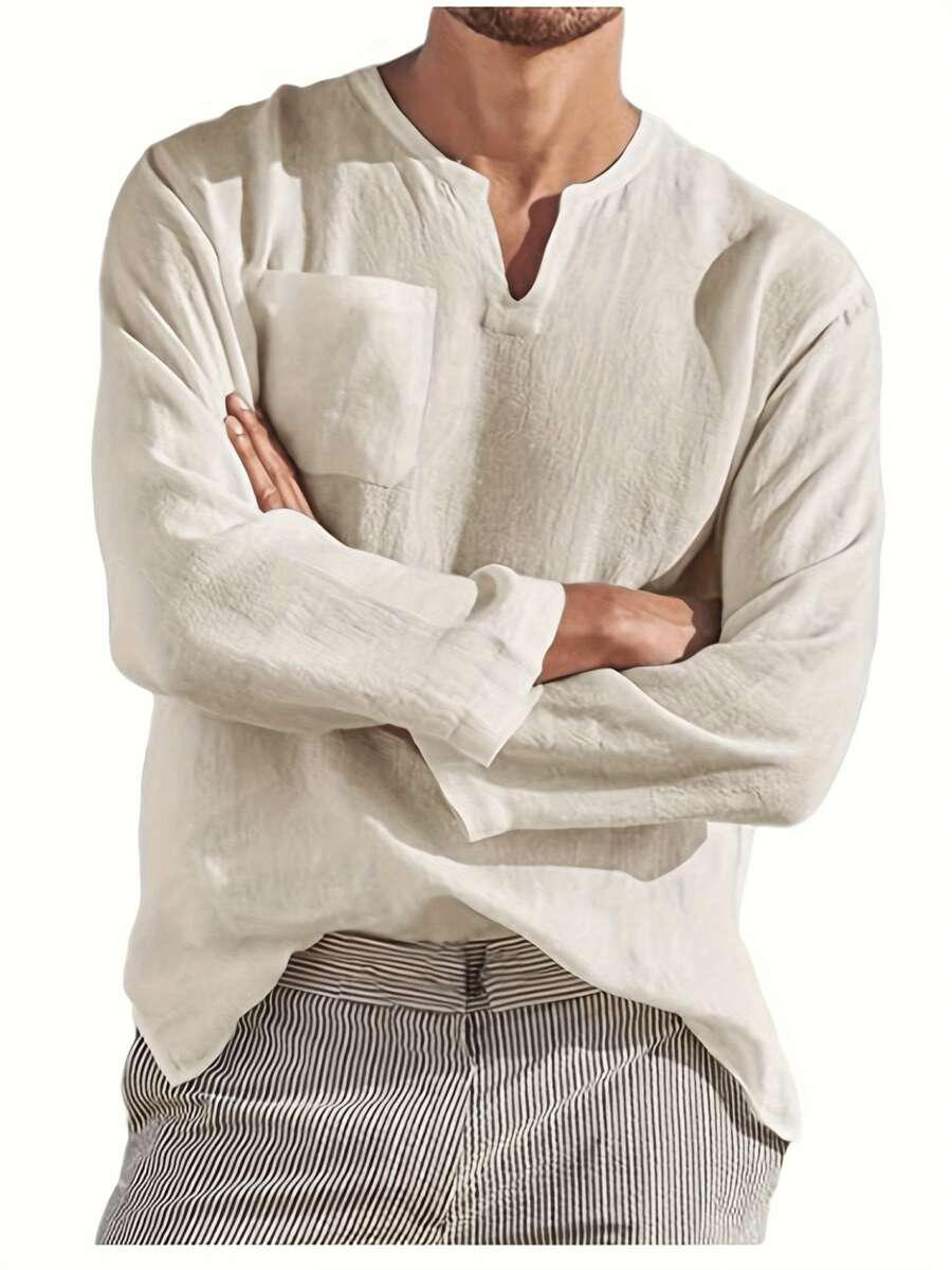 tooluck Men's Long Sleeve V-Neck Casual Beach Linen Shirt For Men, Suitable For Daily Wear And Vacation