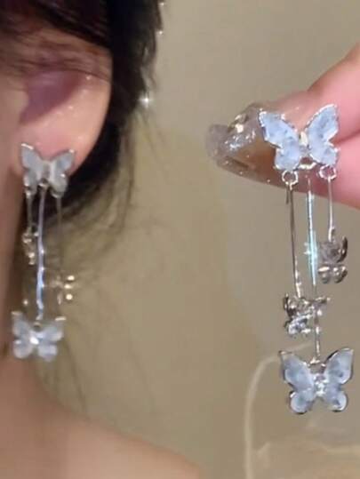1pair Elegant Silver Butterfly & Tassel Long Dangle Earrings, Everyday Wear