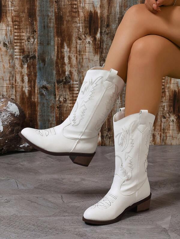 Wide Width & Plus Size Brown Embroidered Print Thick Sole Cowboy Boots, Fashion Mid-Calf Boots For Women Suitable With Sweater, New Autumn/Winter Short Cowgirl Boots