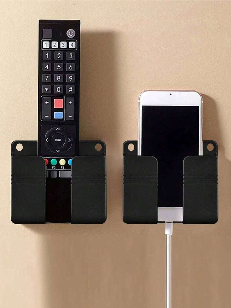 4pcs Black Plastic Wall-Mounted Phone Stand With Storage Box & Remote Control Holder, Can Charge At The Bottom, Wall Shelf