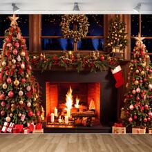1 pieza Tela de fondo fotográfico con tema de chimenea navideña acogedora para 1er cumpleaños y sesión de fotos - Multicolor - Ver 1